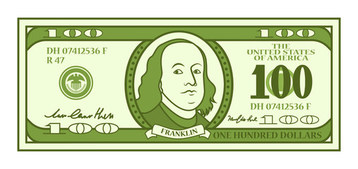 Cartoon 100 dollar bill with stylized Franklin portrait. Play money or fake banknote. Vector illustration.