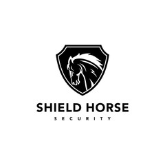 illustration of a handsome abstract horse with beautiful hair on shield logo design