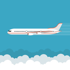 Naklejka premium Airplane flies in the sky. Side view. Airliner. White airplane. Flat vector banner.