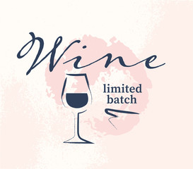 Vector wine logo with hand drawn textured bottle and wine glass elements design isolated on stain background. For winery insignia, degustation hall emblem, wine shop badge, wine label, sticker etc.