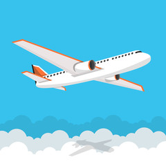 Fototapeta na wymiar Airplane flies in the sky. Side view. Airliner. White airplane. Flat vector banner.