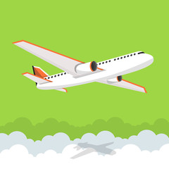 Airplane flies in the sky. Side view. Airliner. White airplane. Flat vector banner.