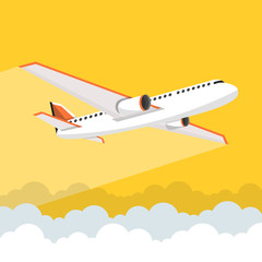Airplane flies in the sky. Side view. Airliner. White airplane. Flat vector banner.