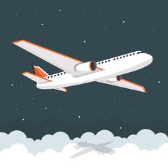 Airplane flies in the sky. Side view. Airliner. White airplane. Flat vector banner.