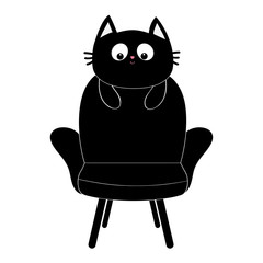 Black cat face silhouette holding armchair. Baby kitty kitten. Cute cartoon character. Pet adoption. Flat design style. White background. Isolated.