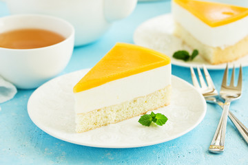 Cheesecake with peaches .. Selective focus.