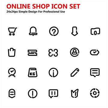 Online shop icon set simple design for professional use. Contains such Icons as cart, shop, sell, review, and more. 24x24px Vector base.