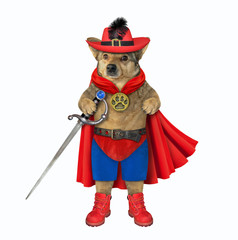 The dog hero in a red cloak, a hat with a feather and a metal belt holds a sword. White background. Isolated.