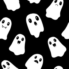 Halloween seamless pattern. Flat cute scary ghosts. Spooky characters