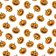 Vector seamless Halloween pattern with scary pumpkins for greeting card, gift box, wallpaper, fabric, web design. Isolated on white.