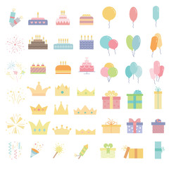 Fototapeta na wymiar Great party icon set. Big collection of Holidays symbols. Celebration signs: fireworks, gifts, air balloons, confetti, cakes and crowns in trendy flat style