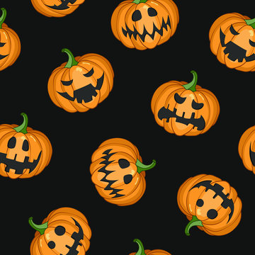 Vector seamless Halloween pattern with scary pumpkins on black background for greeting card, gift box, wallpaper, fabric, web design.