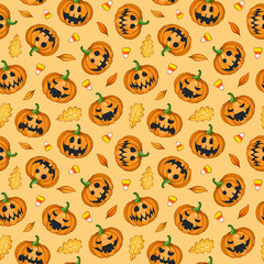 Vector seamless Halloween pattern with scary pumpkins on beige background for greeting card, gift box, wallpaper, fabric, web design. - 290669211