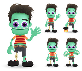 Zombie halloween vector characters set. Scary zombie halloween monster character creature standing and waving with pumpkin lantern element for halloween party. Vector illustration.