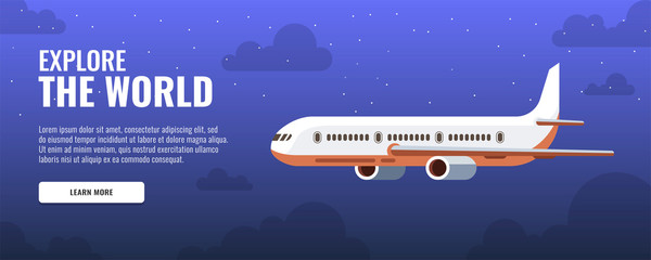 Flying airplane. International transportation concept. Night sky, stars and clouds on the background. Vector illustration.