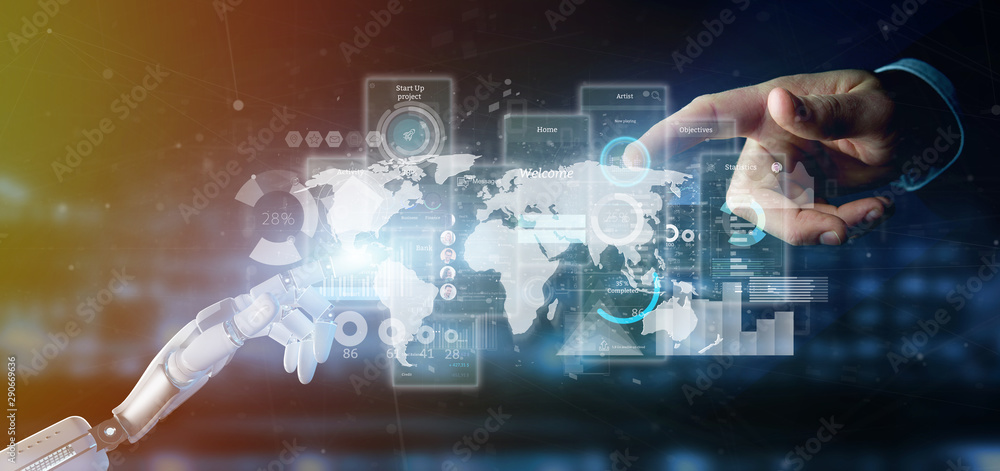 Poster cyborg hand holding user interface screens with icon, stats and data 3d rendering
