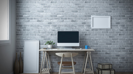 room  3D rendering interior white home office