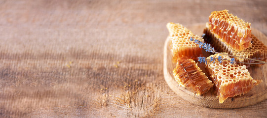 Fresh honeycombs pieces, dry lavender flowers on wooden background. Autumn harvest concept
