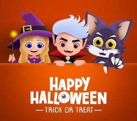 Happy halloween characters vector background. Happy halloween trick or treat text greeting card with three cute characters of witch, vampire and wolf in orange background. Vector illustration.