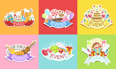 Cute Holiday Stickers Set, Colorful Badges for Cards, Patches, Party Decoration Vector Illustration