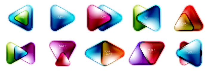 Set of glass triangle banners or logo icons design with space for text or logotype presentation isolated on white. Futuristic buttons with bright neon colors, hi-tech digital concepts