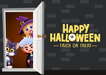 Happy halloween trick or treat vector background. Happy halloween greeting text with cute characters of witch, wolf and vampire inside door and empty space for message in dark wall.