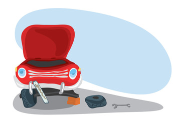 front view of a red rumpled car with a fallen off wheel. unforeseen road accident