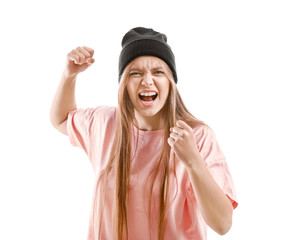 Portrait of angry woman on white background