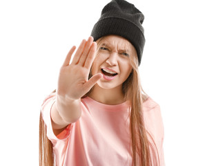 Portrait of angry woman on white background