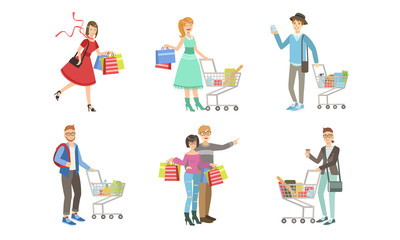 Collection of Different People Carrying Shopping Bags with Purchases and Pushing Carts Full of Groceries Vector Illustration