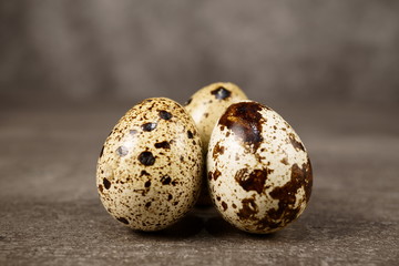 quail eggs in grey background. Quail eggs are more nutritious and healthier than chicken eggs. macro photo