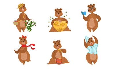 Adorable Male and Female Bears Characters Set, Cute Humanized Forest Animal in Different Situations Vector Illustration