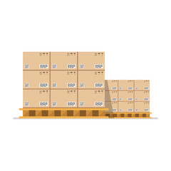 Cardboard boxes with fragile signs and barcode on wooded pallet. Vector illustration.