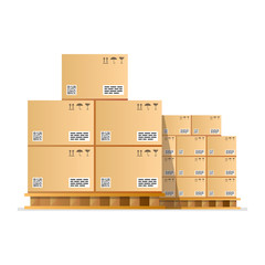Cardboard boxes with fragile signs and barcode on wooded pallet. Vector illustration.