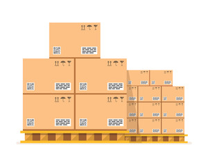 Cardboard boxes with fragile signs and barcode on wooded pallet. Vector illustration.