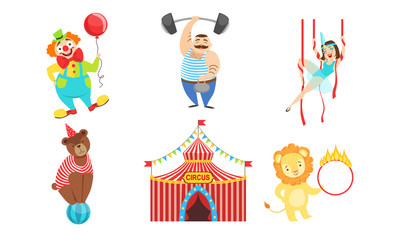 Circus Performers Characters Set, Strongman, Air Gymnast, Clown, Circus Lion and Bear Vector Illustration