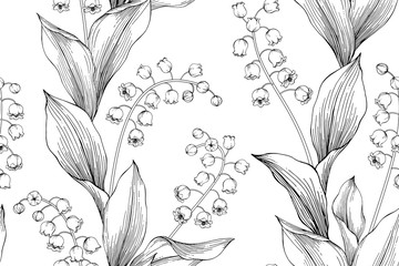 lily of the valley flower and leaves pattern seamless background illustration.