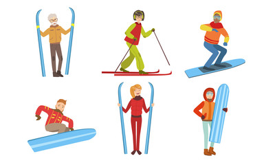Fototapeta na wymiar Winter Sport Activities Set, Different People in Warm Clothes Skiing and Snowboarding, Vector Illustration