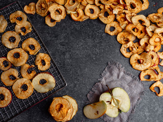 vegetarian dries apples, dehydrated healthy snack chips, copy space
