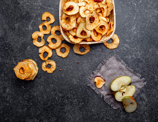 vegetarian dries apples, dehydrated healthy snack chips, copy space