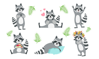 Cute Funny Raccoons Collection, Adorable Funny Forest Animal Character in Different Situations Vector Illustration