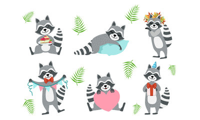 Obraz na płótnie Canvas Cute Funny Raccoons Collection, Adorable Funny Animal Character in Different Situations Vector Illustration