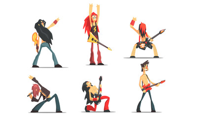 Fototapeta na wymiar Rock Musicians Singing and Playing Guitar Set, Male Rockers Performing on Stage Vector Illustration