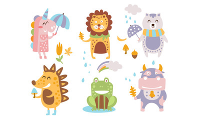 Cute Forest Animals Set, Autumn Season Design Elements, Unicorn, Lion, Cat, Hedgehog, Frog, Cow Vector Illustration
