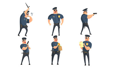 Funny Male Policeman Cartoon Characters Set, Public Safety Officer in Uniform Posing in Different Situations Vector Illustration