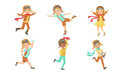 Cute Little Kids in Pilot Costumes and Retro Leather Helmets Playing with Toy Airplanes Set, Adorable Boys and Girls Dreaming of Becoming Pilots Vector Illustration