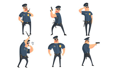 Funny Male Policeman Cartoon Characters Set, Public Safety Officer in Blue Uniform Posing in Different Situations Vector Illustration