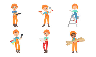 Cute Kids Construction Workers Set, Boys and Girls Builders Characters with Professional Tools Vector Illustration