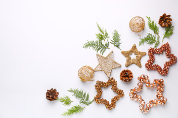 Beautiful composition with Christmas decor on light background