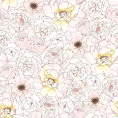 Seamless romantic pattern with flowers Roses, branches and leaves. Vector floral illustration in rustic style and pastel colors.